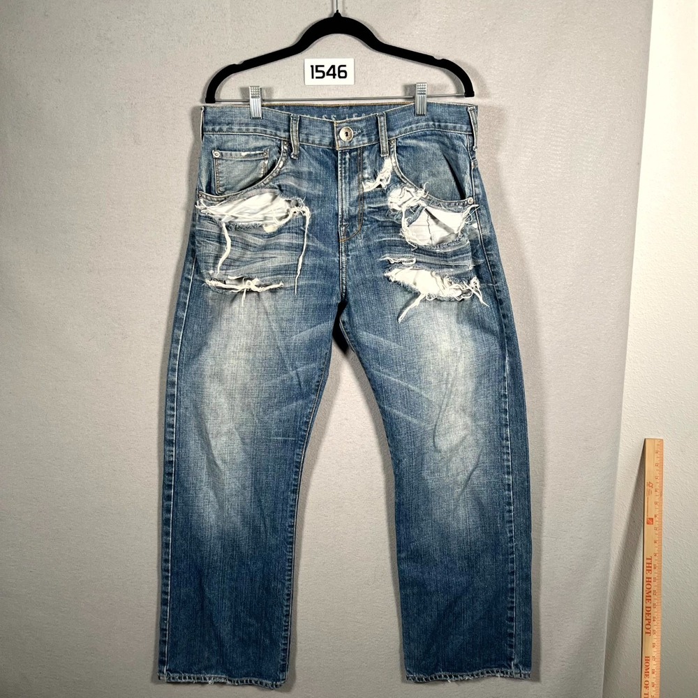 Vintage Guess Jeans Mens 33x30‎ Blue Denim Medium Wash Distressed Straight Leg